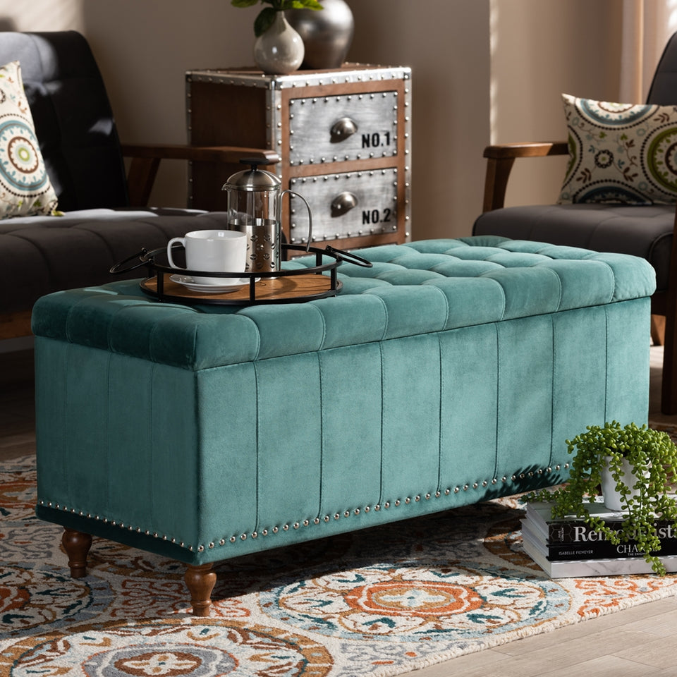 Kaylee modern velvet fabric upholstered button-tufted storage ottoman bench.