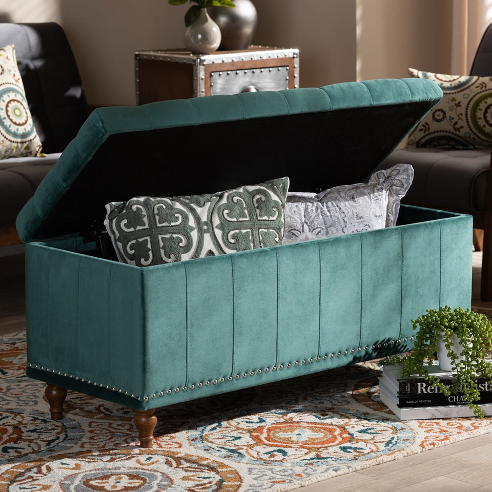 Kaylee modern velvet fabric upholstered button-tufted storage ottoman bench.