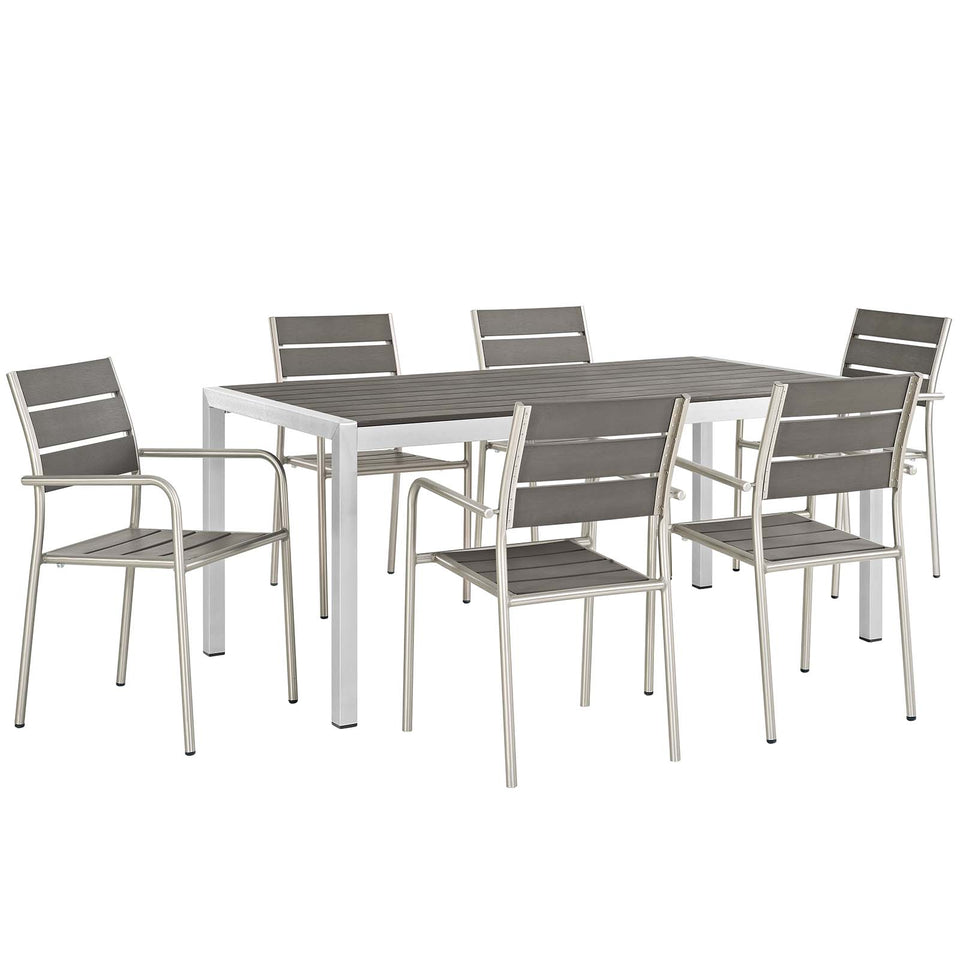 Shore 7 Piece Outdoor Patio Aluminum Dining Set in Silver Gray.