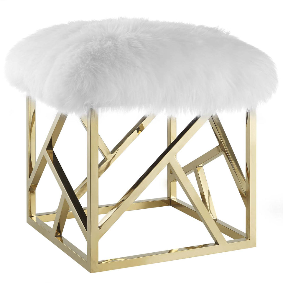 Intersperse Sheepskin Ottoman in Gold White.