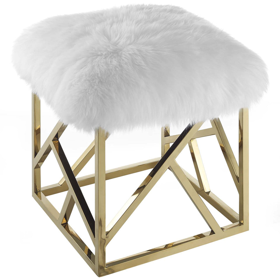 Intersperse Sheepskin Ottoman in Gold White.