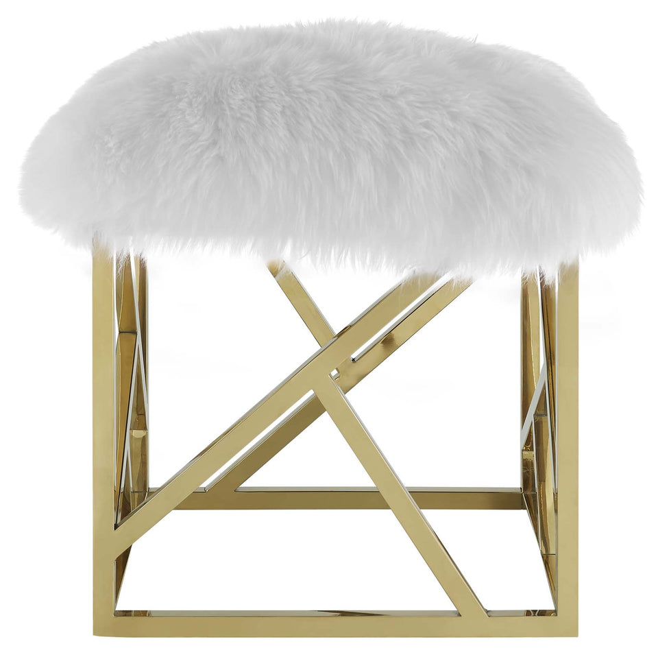 Intersperse Sheepskin Ottoman in Gold White.
