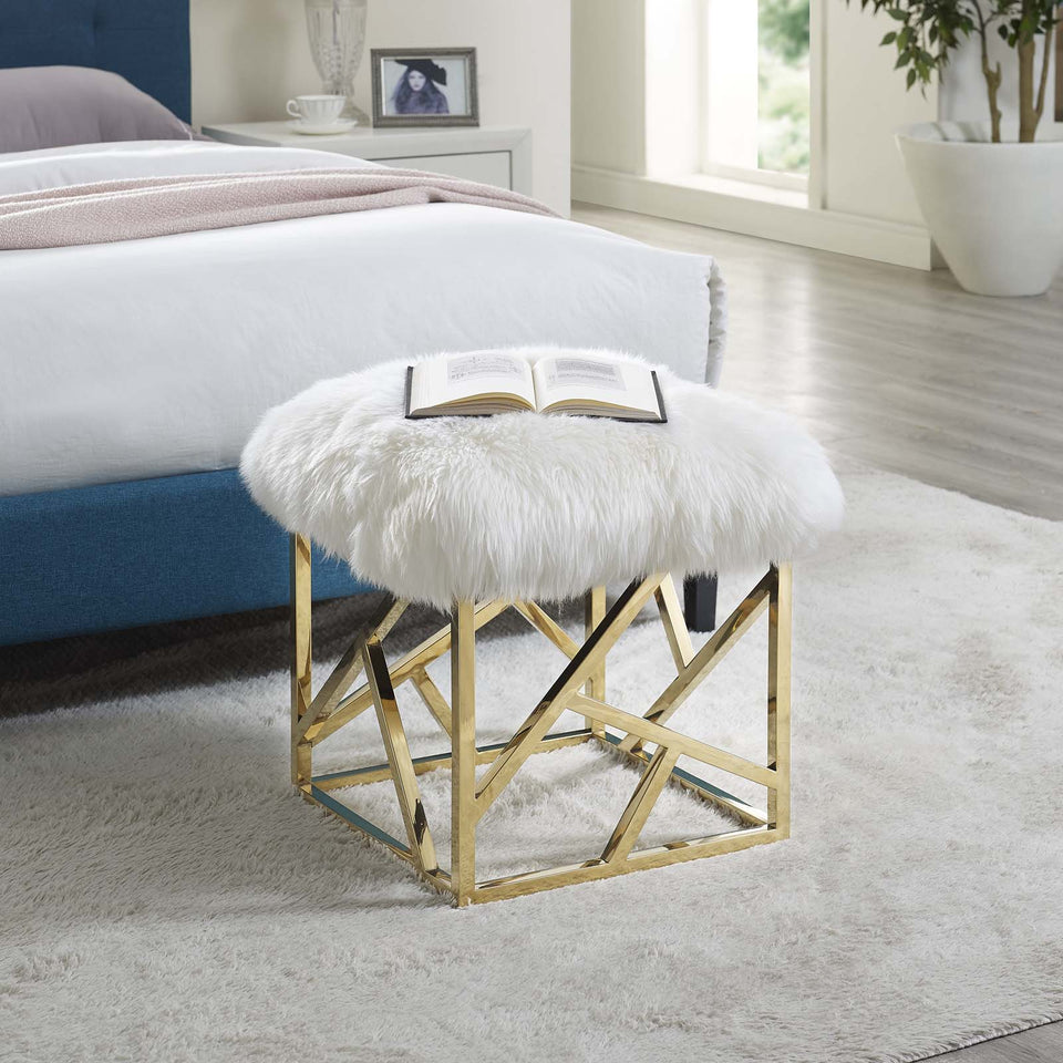 Intersperse Sheepskin Ottoman in Gold White.