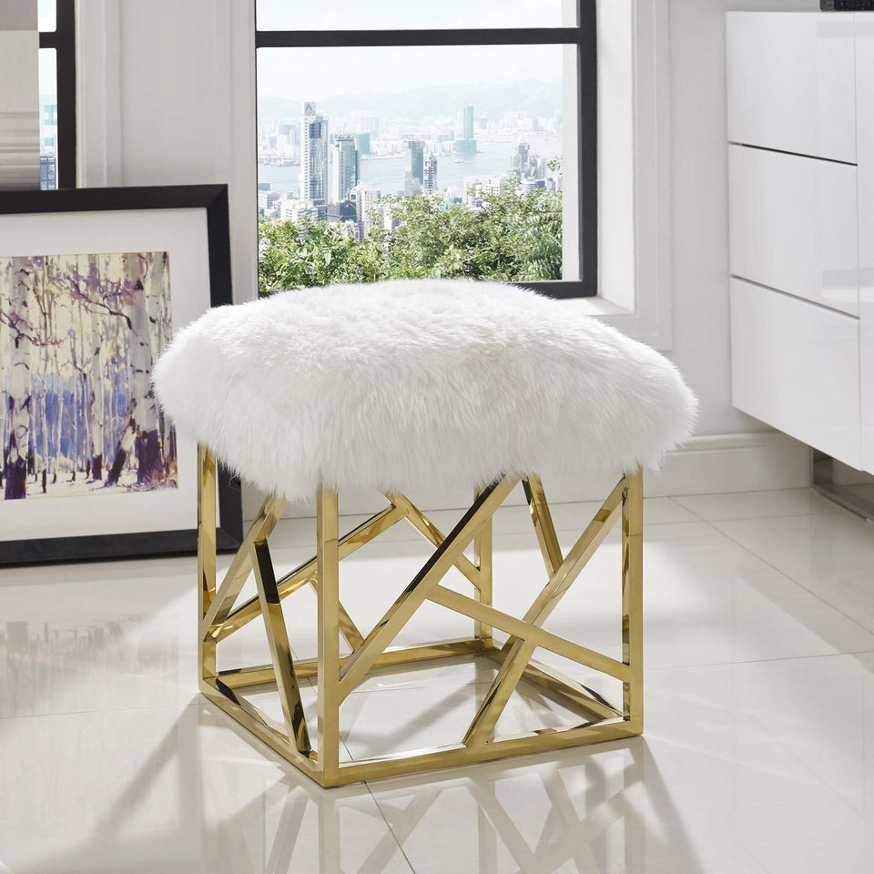 Intersperse Sheepskin Ottoman in Gold White.