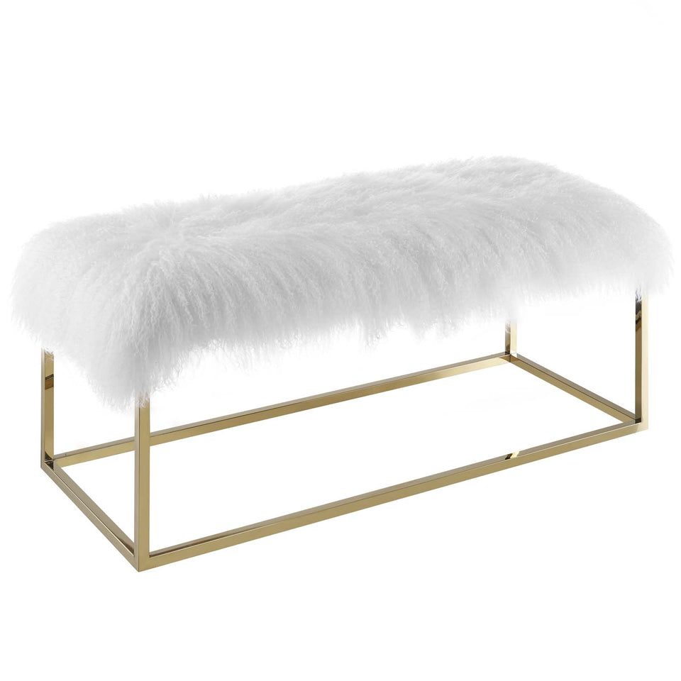 Anticipate White Sheepskin Bench in Gold.