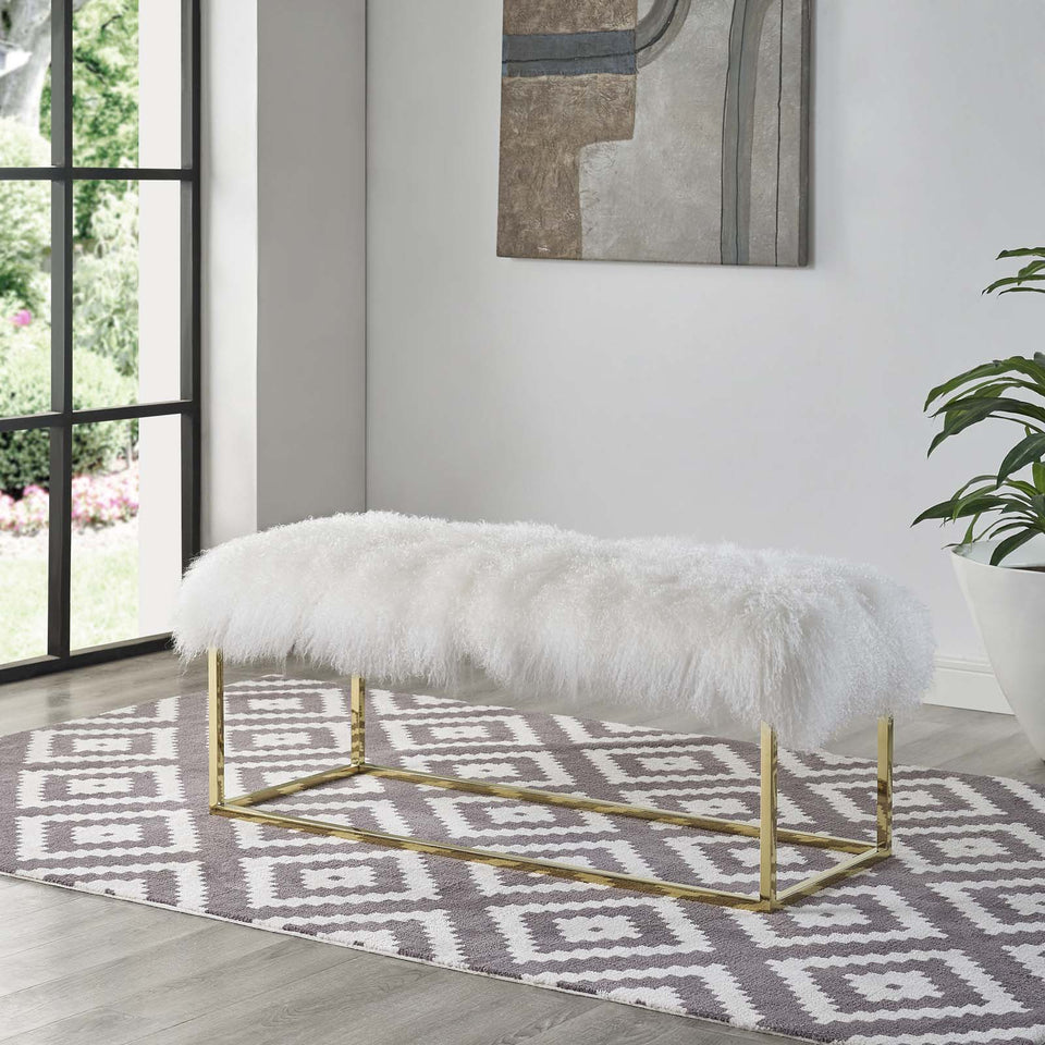 Anticipate White Sheepskin Bench in Gold.