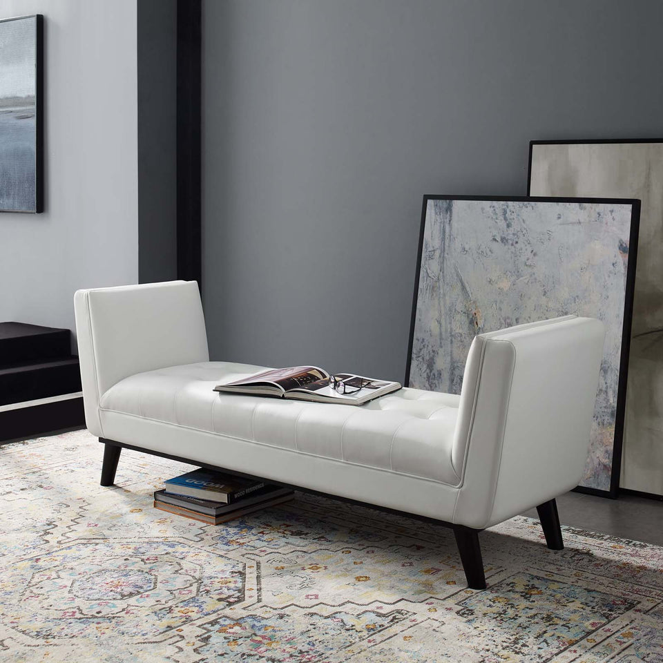 Haven Tufted Button Faux Leather Accent Bench in White.