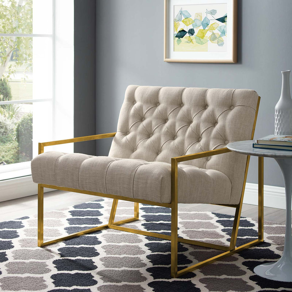Bequest Gold Stainless Steel Upholstered Fabric Accent Chair.