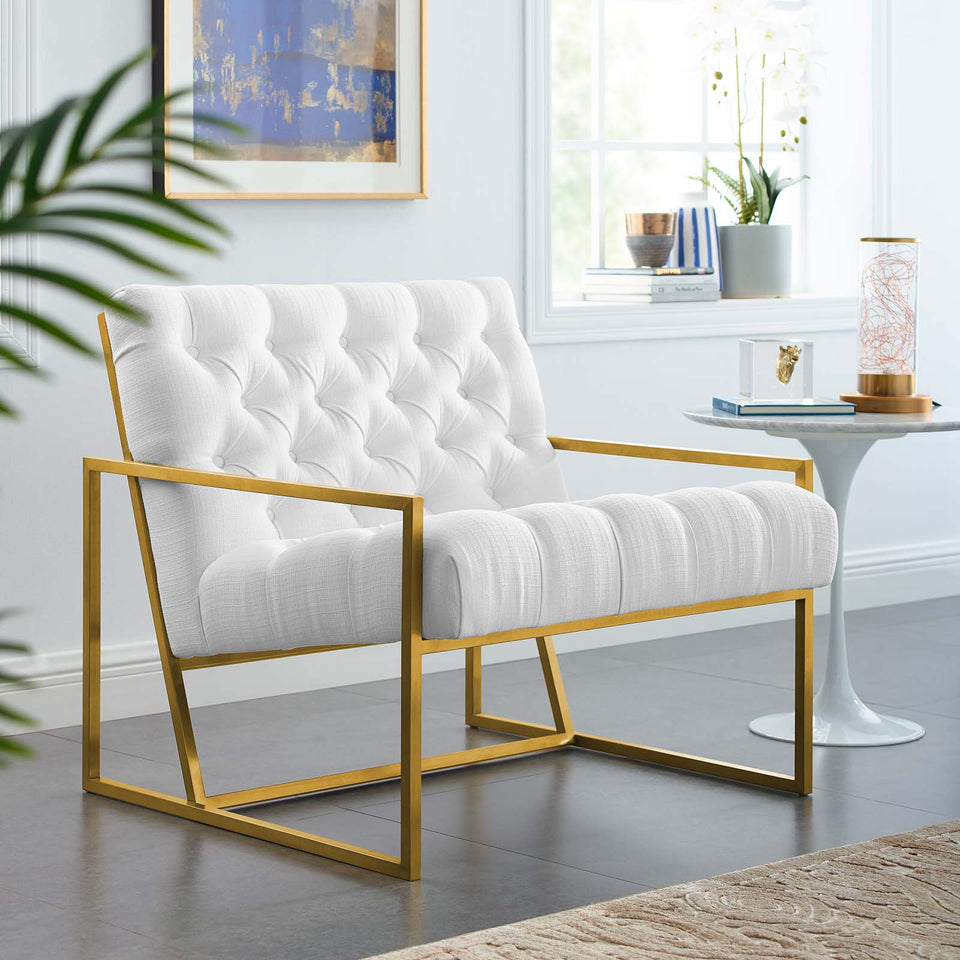 Bequest Gold Stainless Steel Upholstered Fabric Accent Chair.