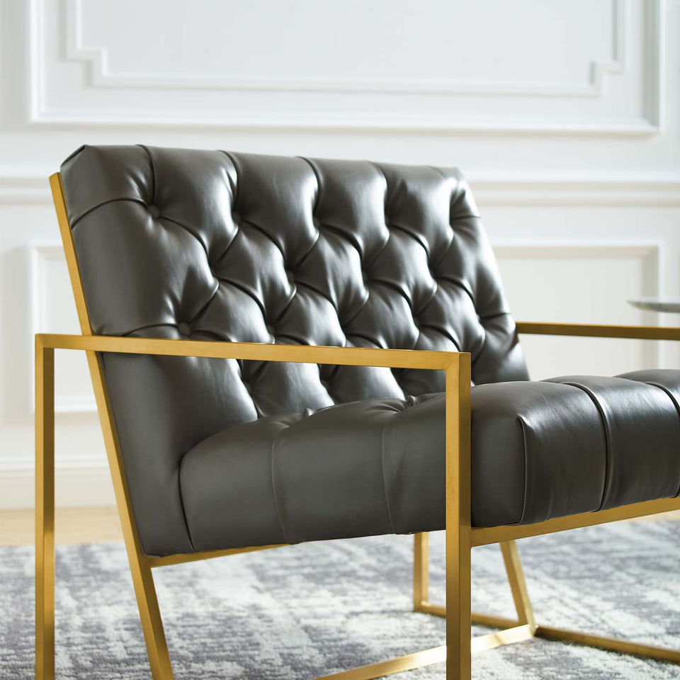 Bequest Antique Gold Stainless Steel Faux Leather Accent Chair in Gray.