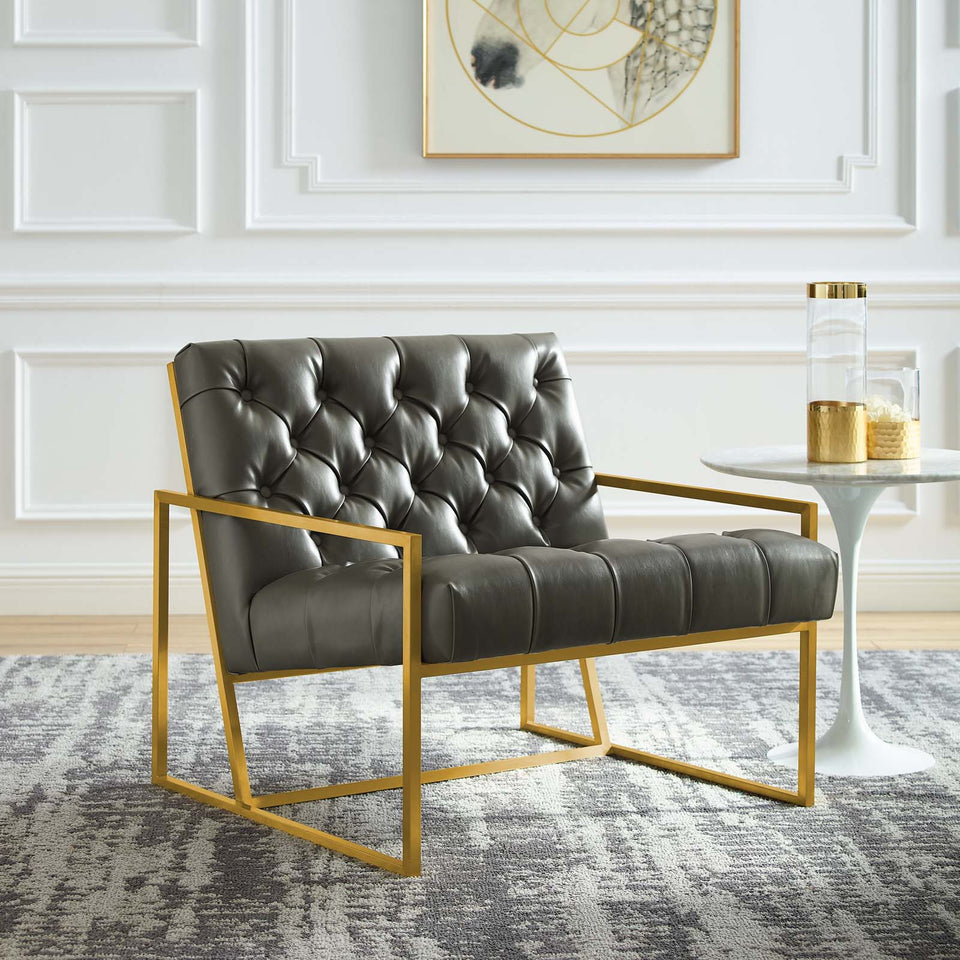Bequest Antique Gold Stainless Steel Faux Leather Accent Chair in Gray.