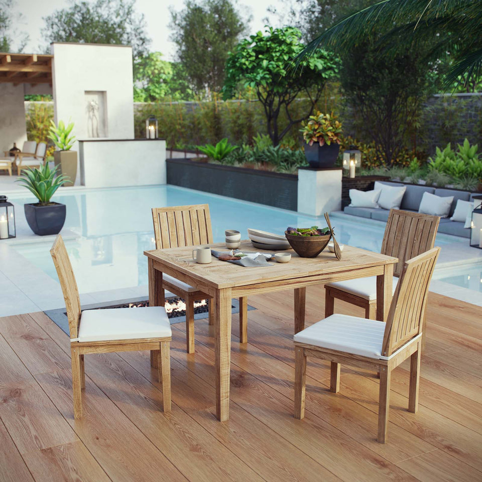 Marina 5 Piece Outdoor Patio Teak Outdoor Dining Set in Natural White.