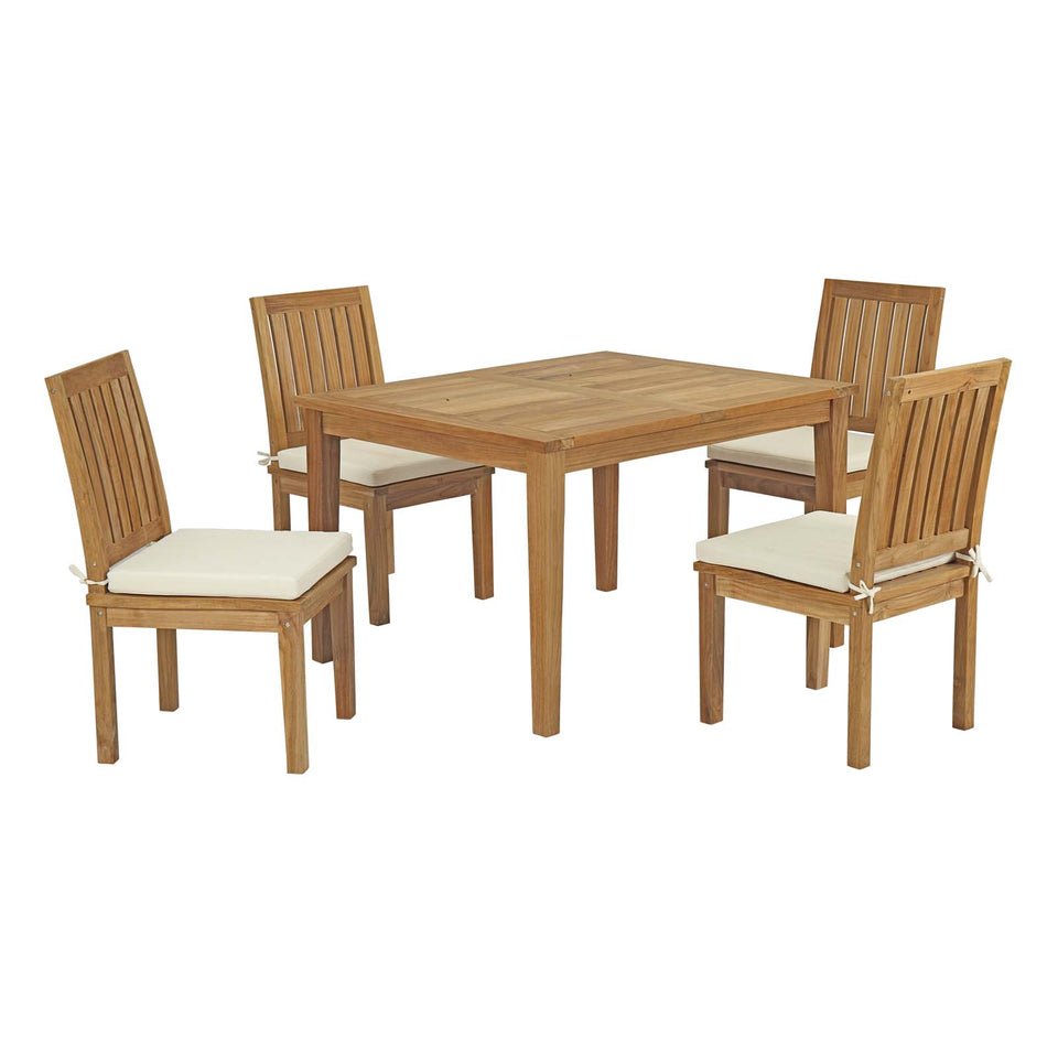 Marina 5 Piece Outdoor Patio Teak Outdoor Dining Set in Natural White.