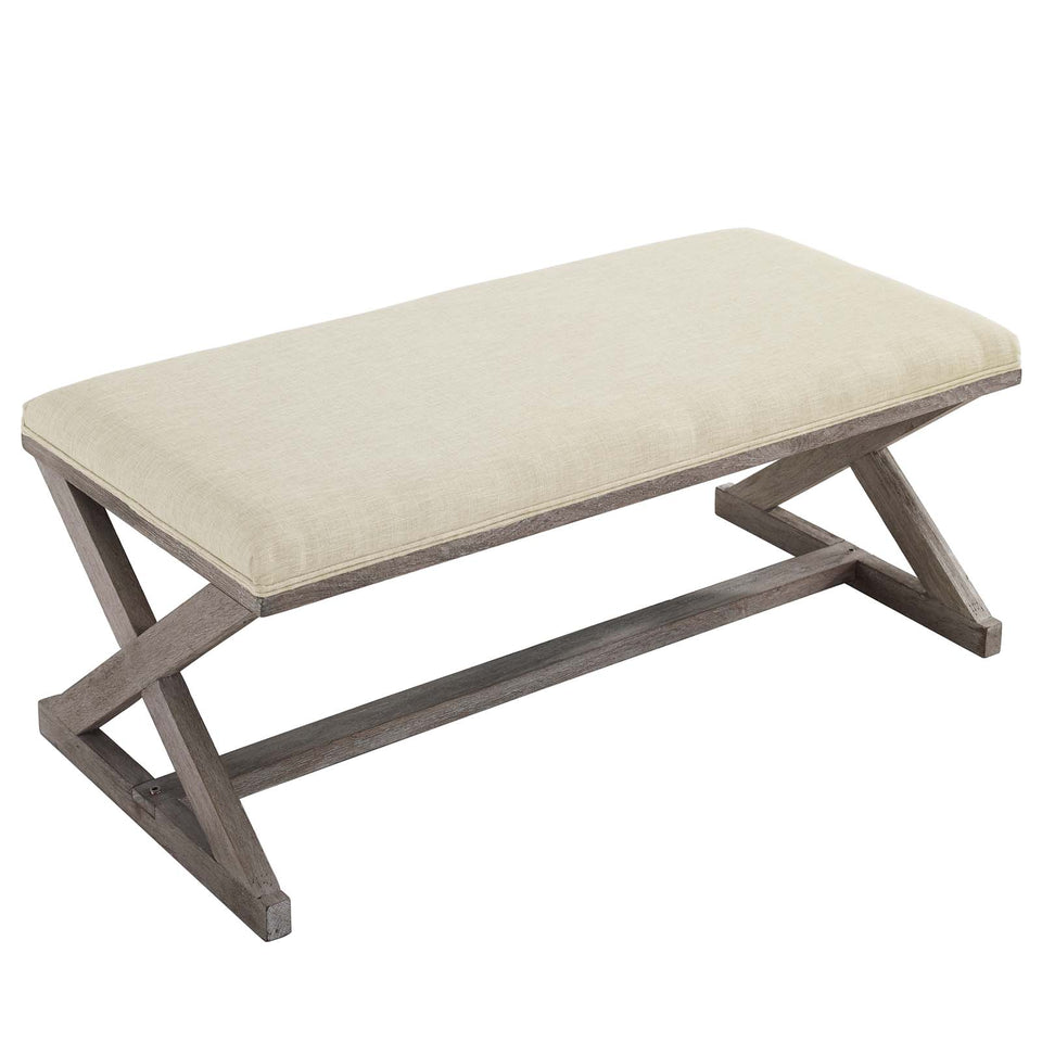 Province Vintage French X-Brace Upholstered Fabric Bench.