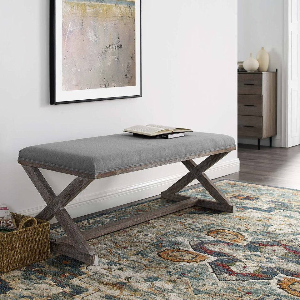 Province Vintage French X-Brace Upholstered Fabric Bench.