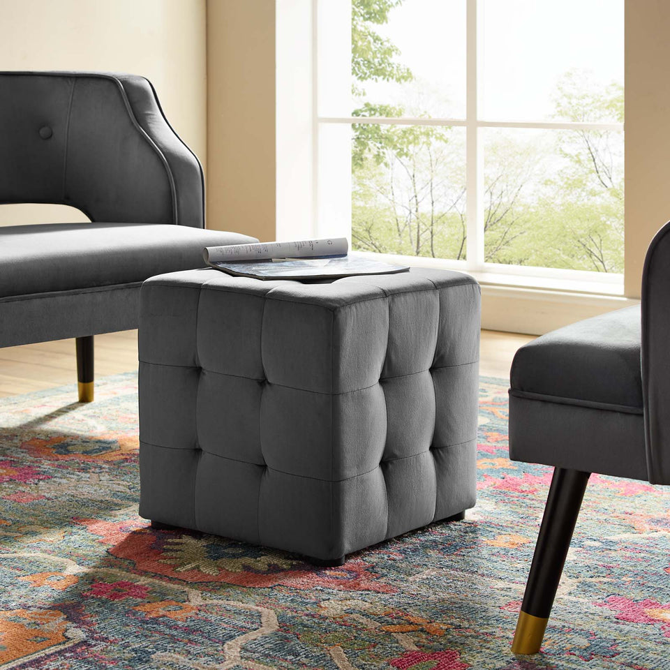 Contour Tufted Button Cube Performance Velvet Ottoman.