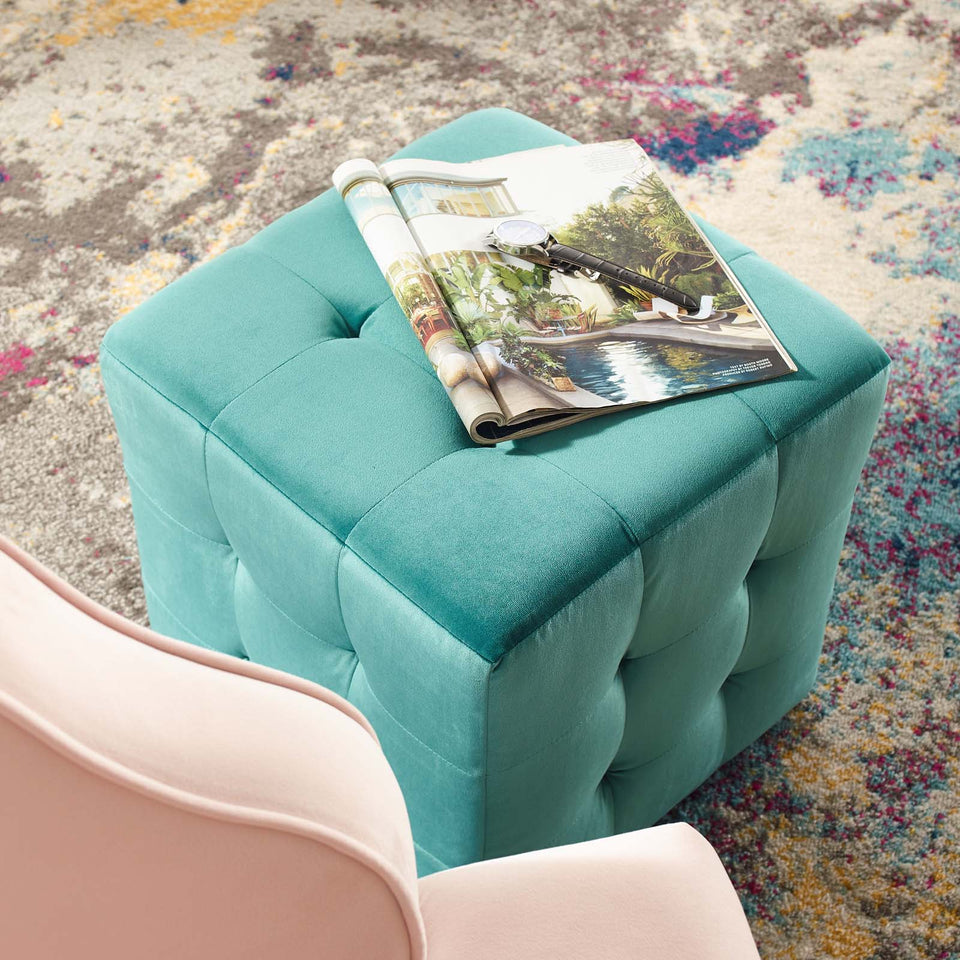 Contour Tufted Button Cube Performance Velvet Ottoman.