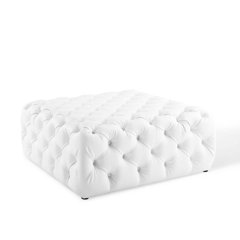 Anthem Tufted Button Large Square Faux Leather Ottoman in White.