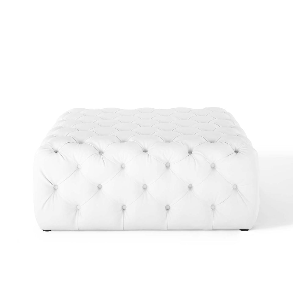 Anthem Tufted Button Large Square Faux Leather Ottoman in White.