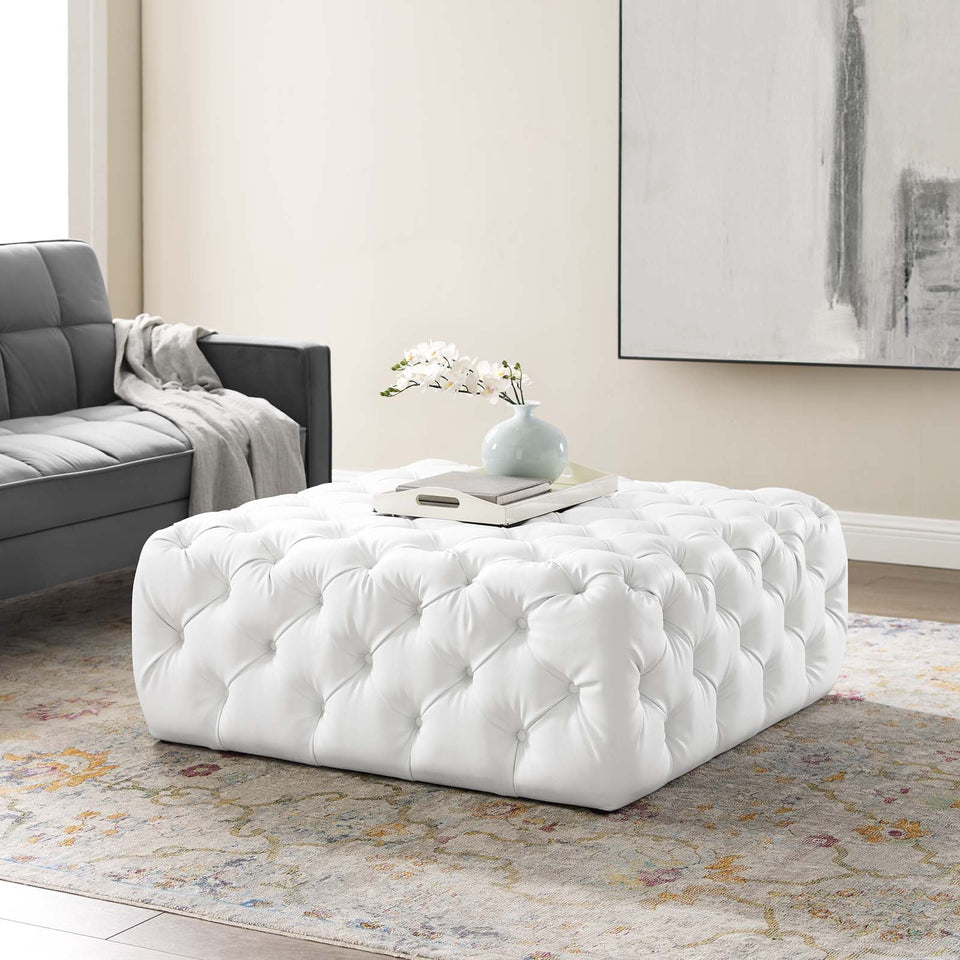 Anthem Tufted Button Large Square Faux Leather Ottoman in White.