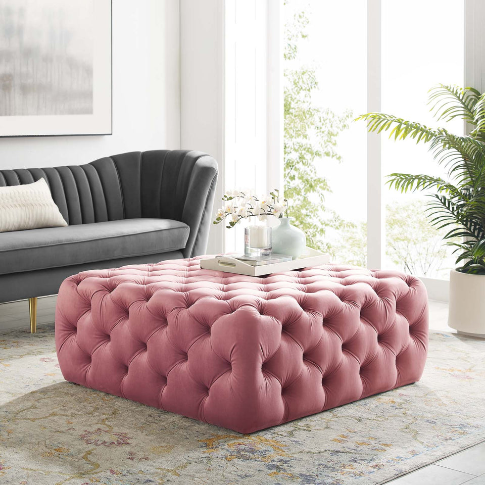 Anthem Tufted Button Large Square Performance Velvet Ottoman.