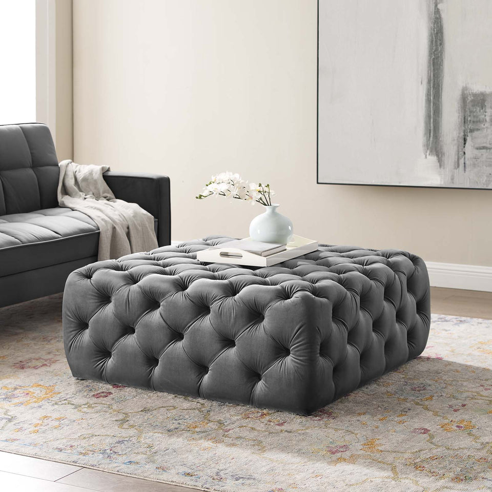 Anthem Tufted Button Large Square Performance Velvet Ottoman.