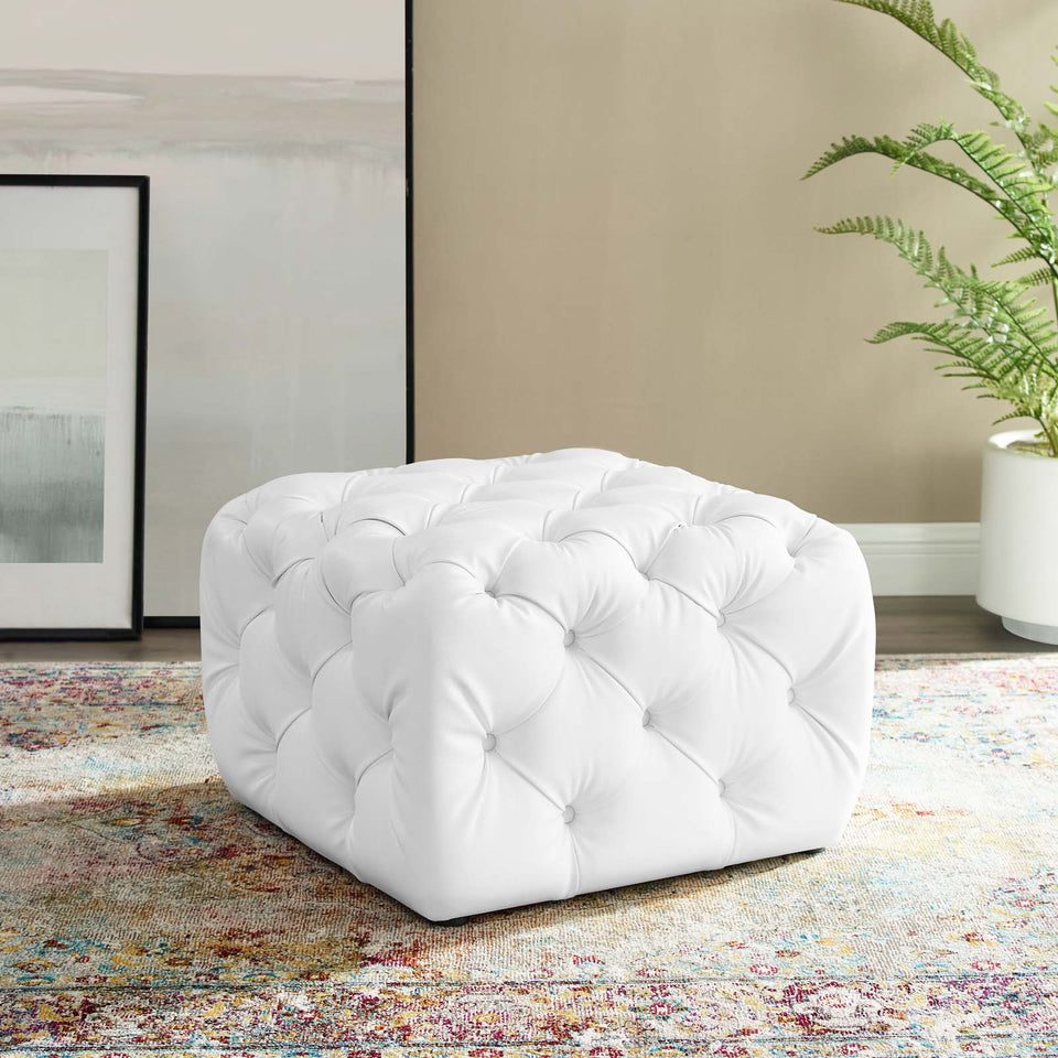 Anthem Tufted Button Square Faux Leather Ottoman in White.