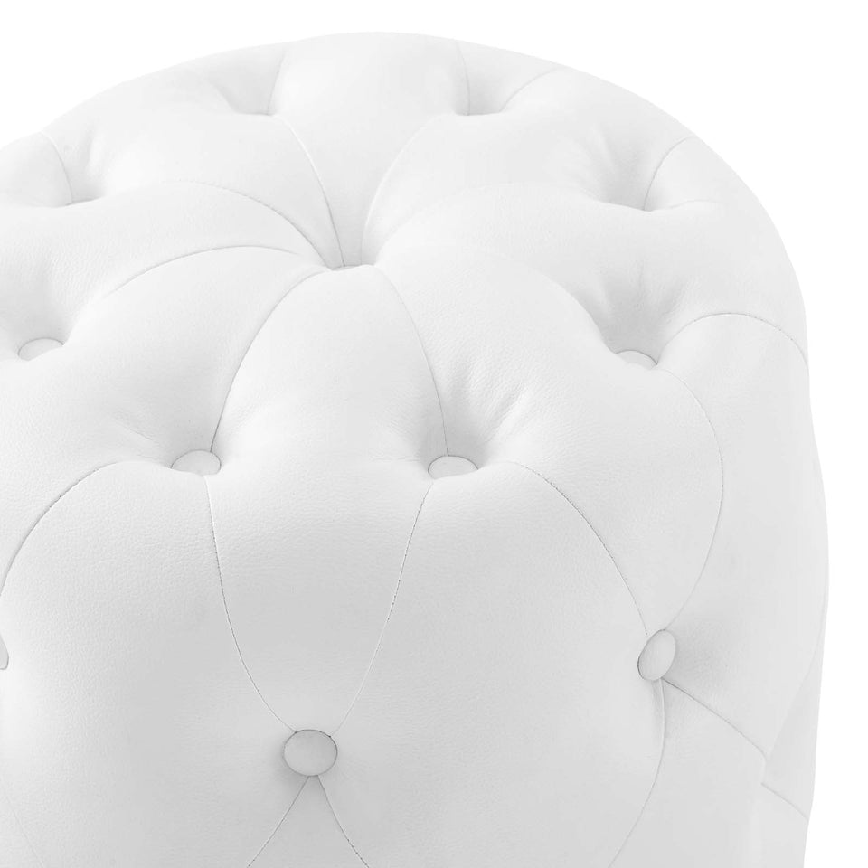 Anthem Tufted Button Round Faux Leather Ottoman in White.