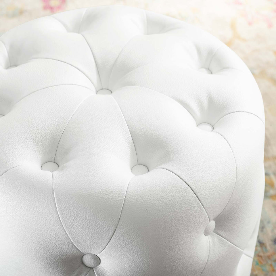 Anthem Tufted Button Round Faux Leather Ottoman in White.