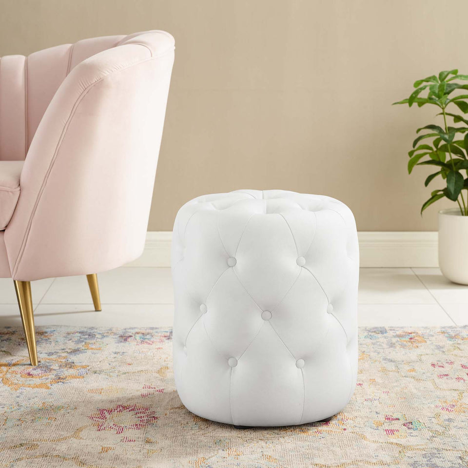 Anthem Tufted Button Round Faux Leather Ottoman in White.