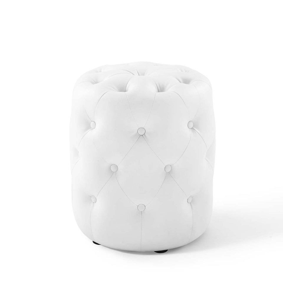 Anthem Tufted Button Round Faux Leather Ottoman in White.