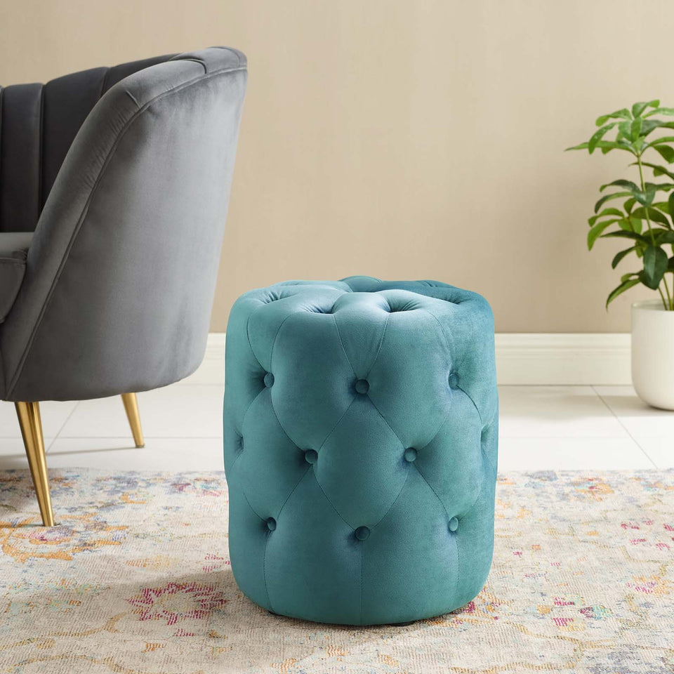 Anthem Tufted Button Round Performance Velvet Ottoman.