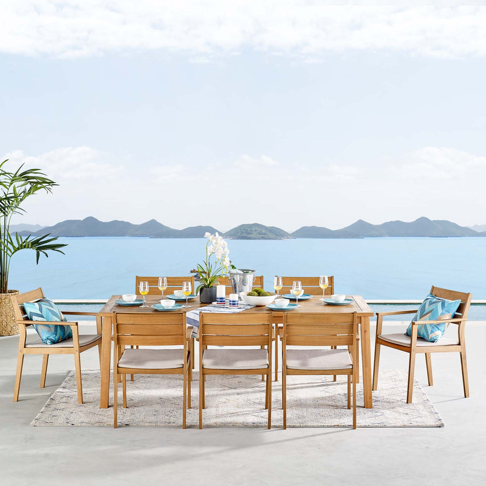 Viewscape 9 Piece Outdoor Patio Ash Wood Dining Set in Natural Taupe.