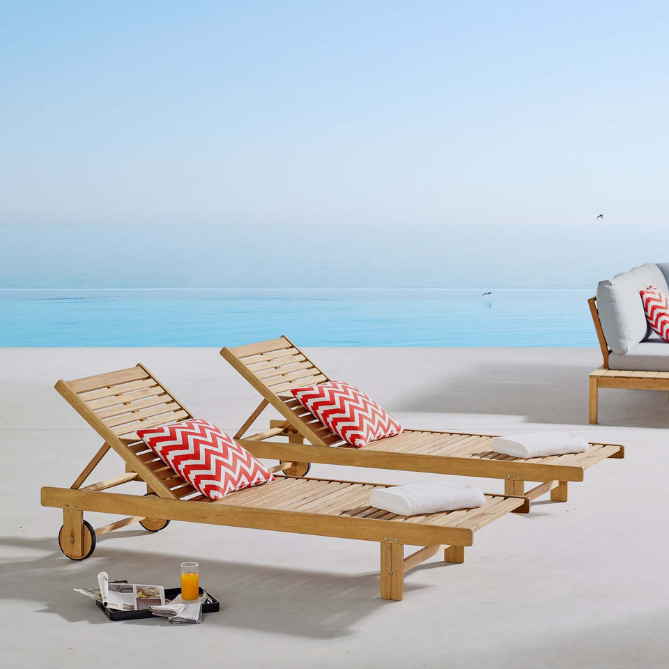 Hatteras Outdoor Patio Eucalyptus Wood Chaise Lounge Set of 2 in Natural.