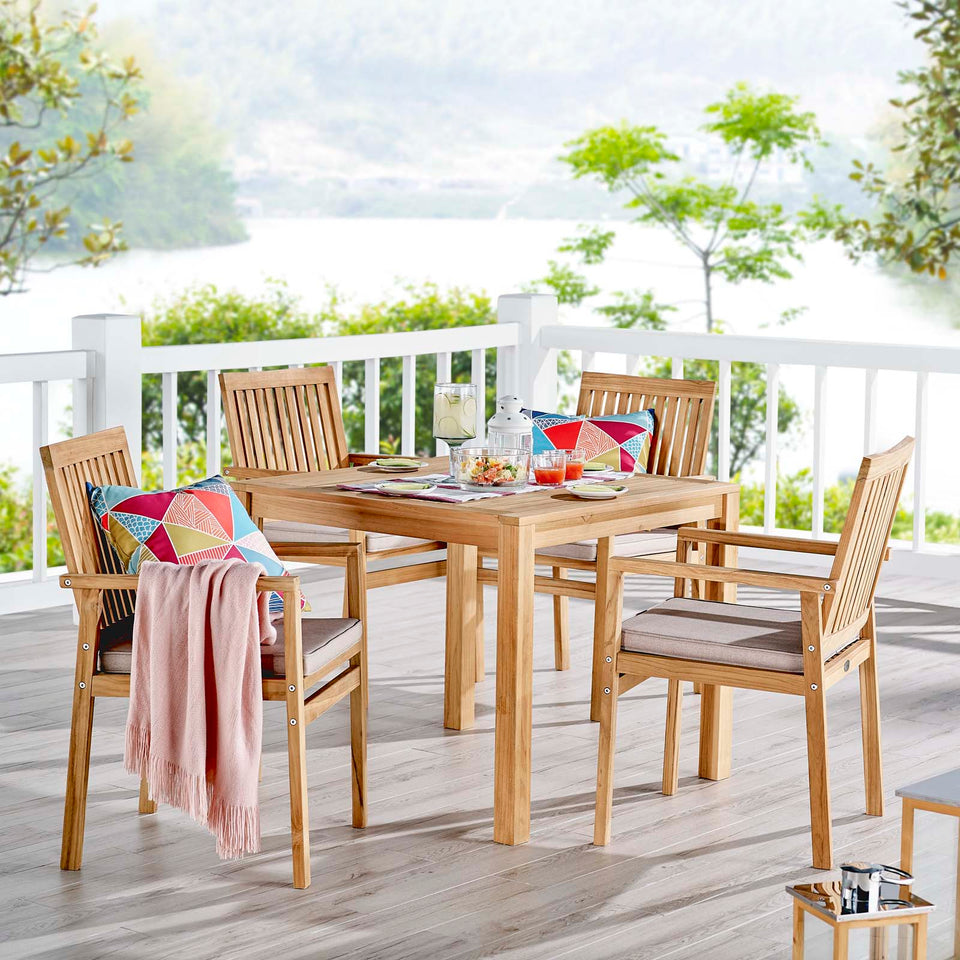 Farmstay 5 Piece Outdoor Patio Teak Wood Dining Set in Natural Taupe.