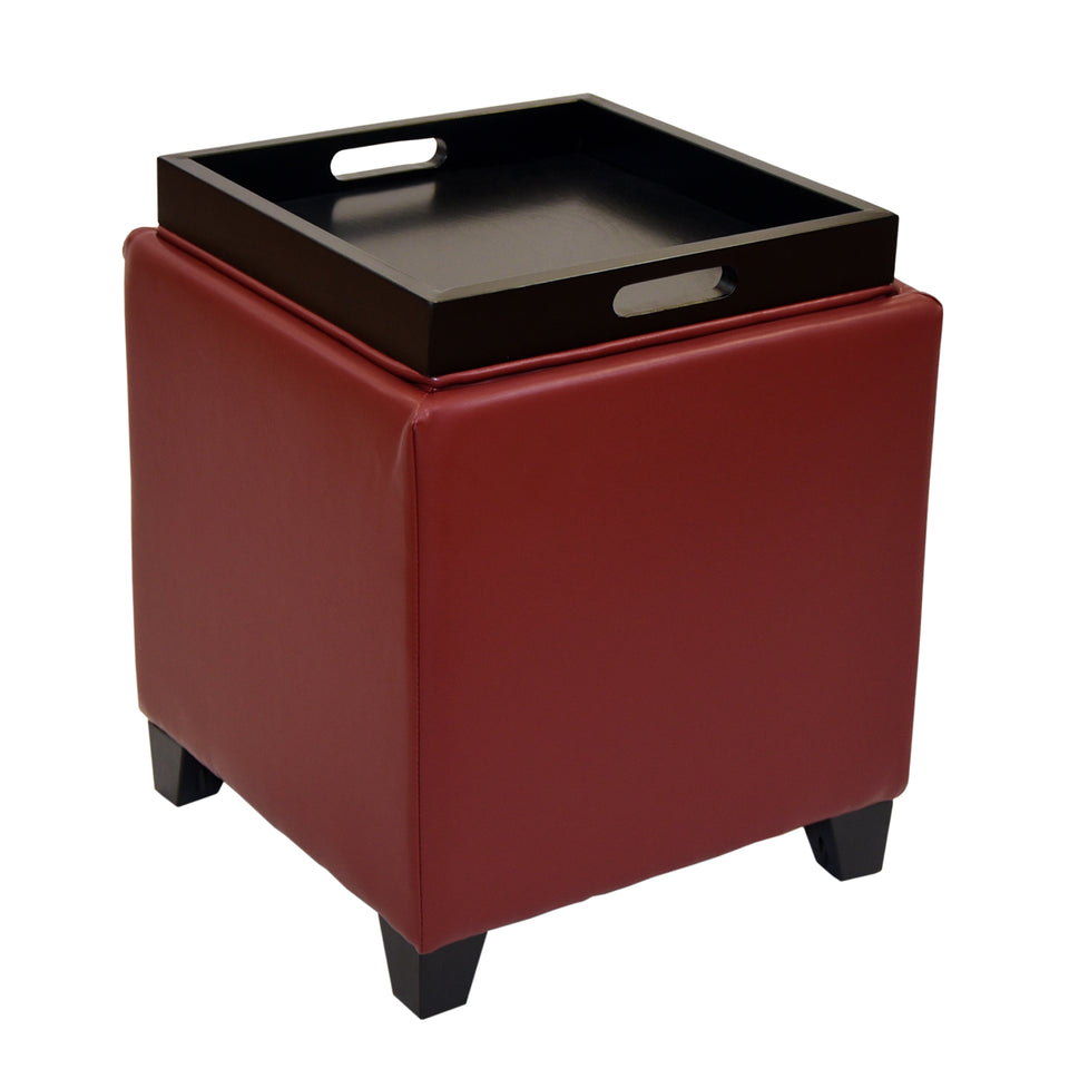 Rainbow Contemporary Storage Ottoman With Tray in Red Bonded Leather