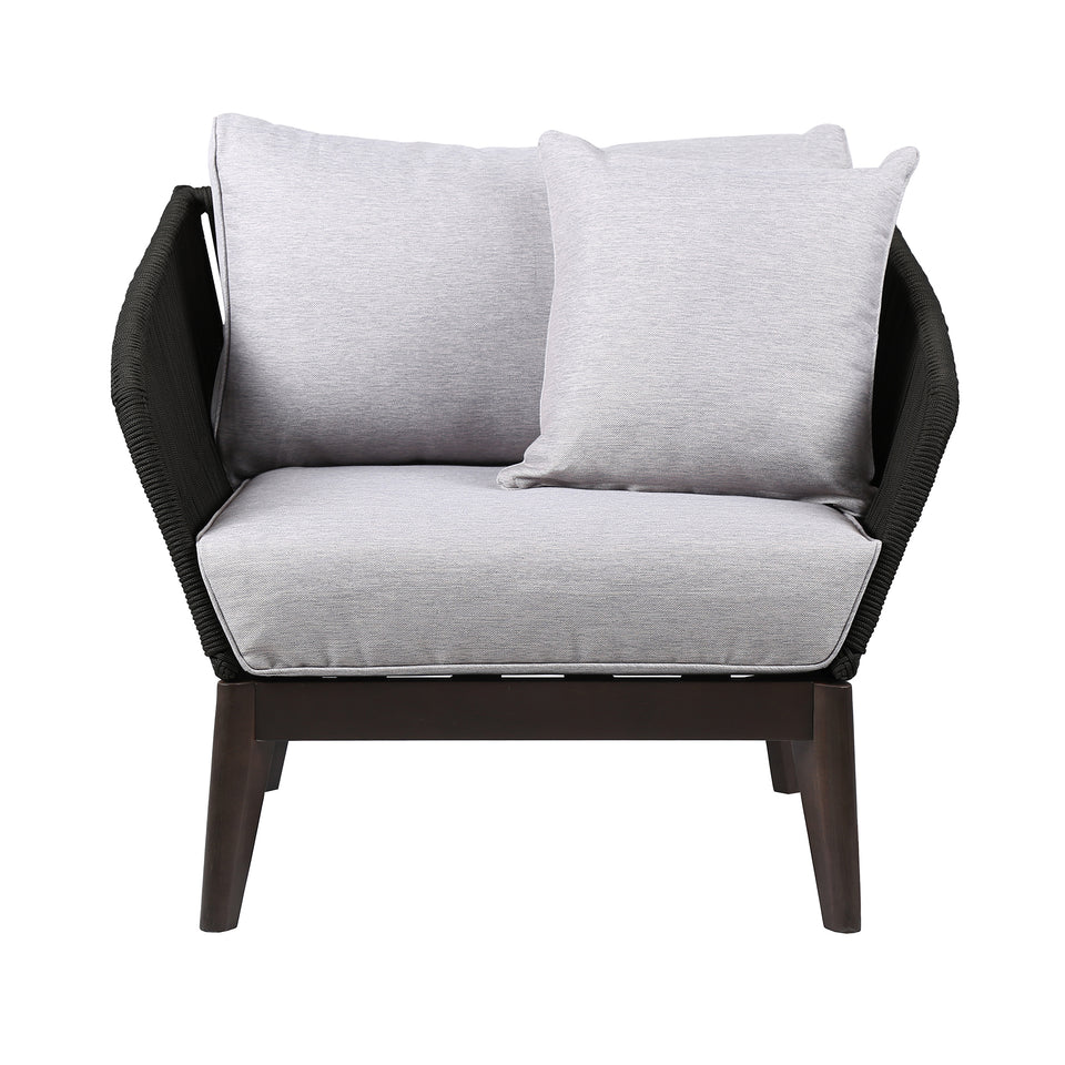 Athos Indoor Outdoor Club Chair in Dark Eucalyptus Wood with Latte Rope and Grey Cushions