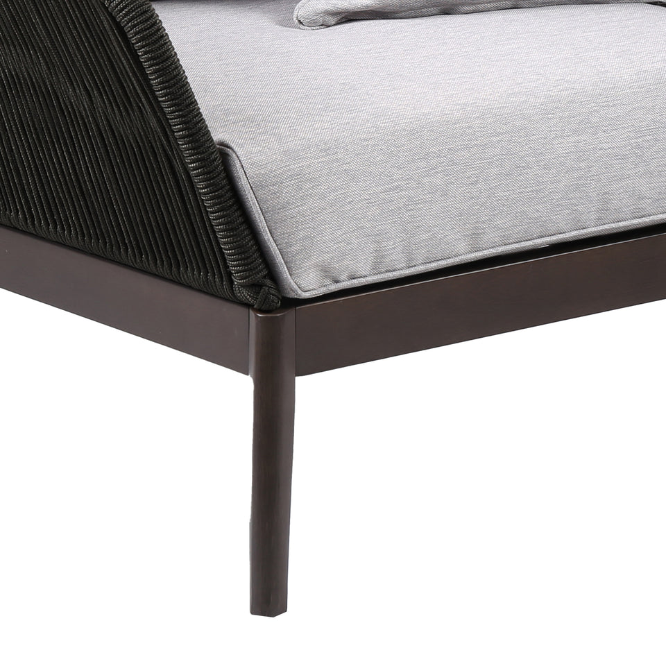 Athos Indoor Outdoor Club Chair in Dark Eucalyptus Wood with Latte Rope and Grey Cushions