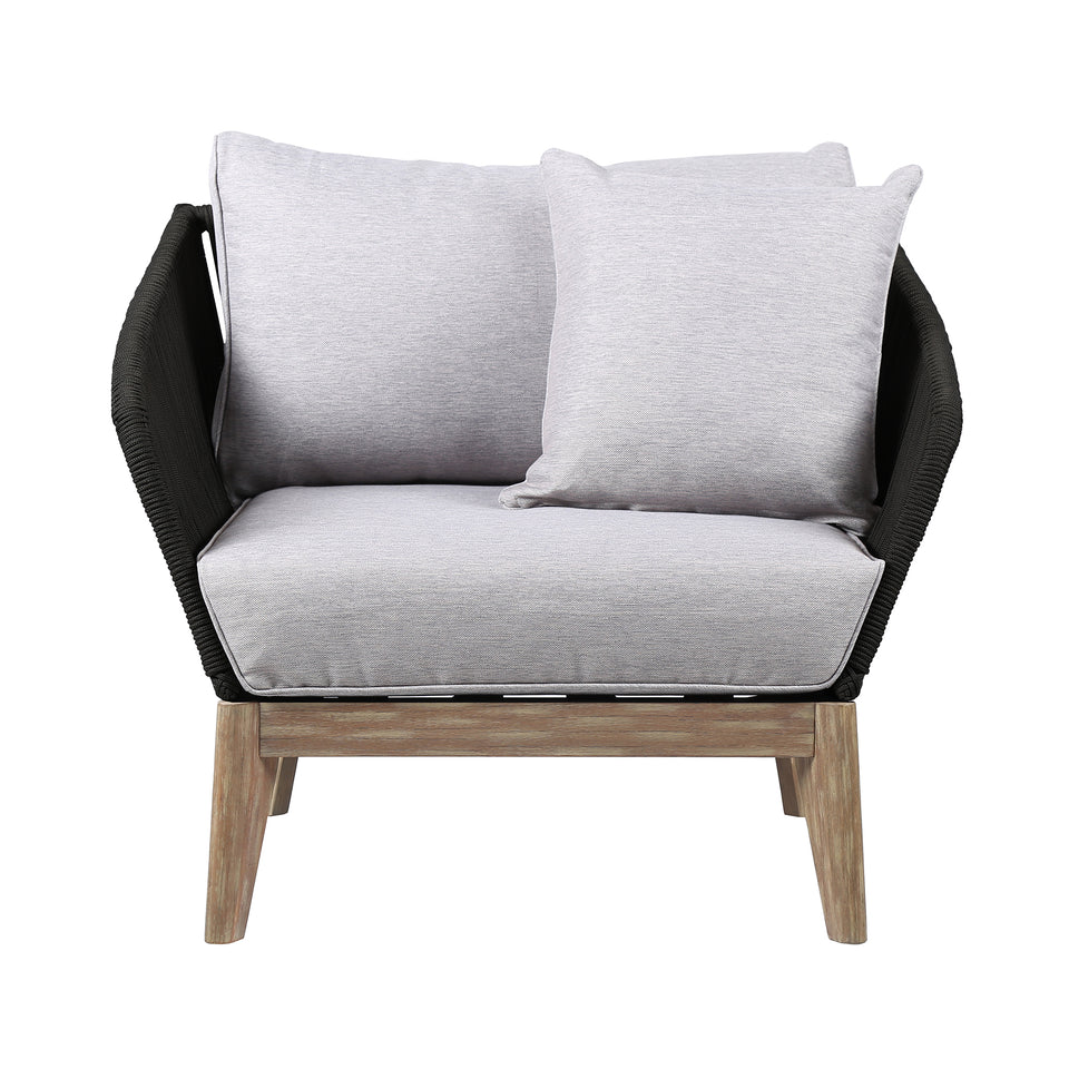 Athos Indoor Outdoor Club Chair in Light Eucalyptus Wood with Latte Rope and Grey Cushions