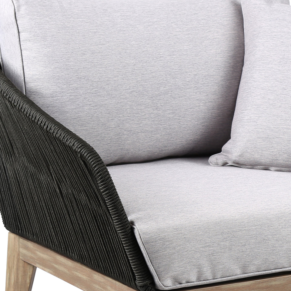 Athos Indoor Outdoor Club Chair in Light Eucalyptus Wood with Latte Rope and Grey Cushions