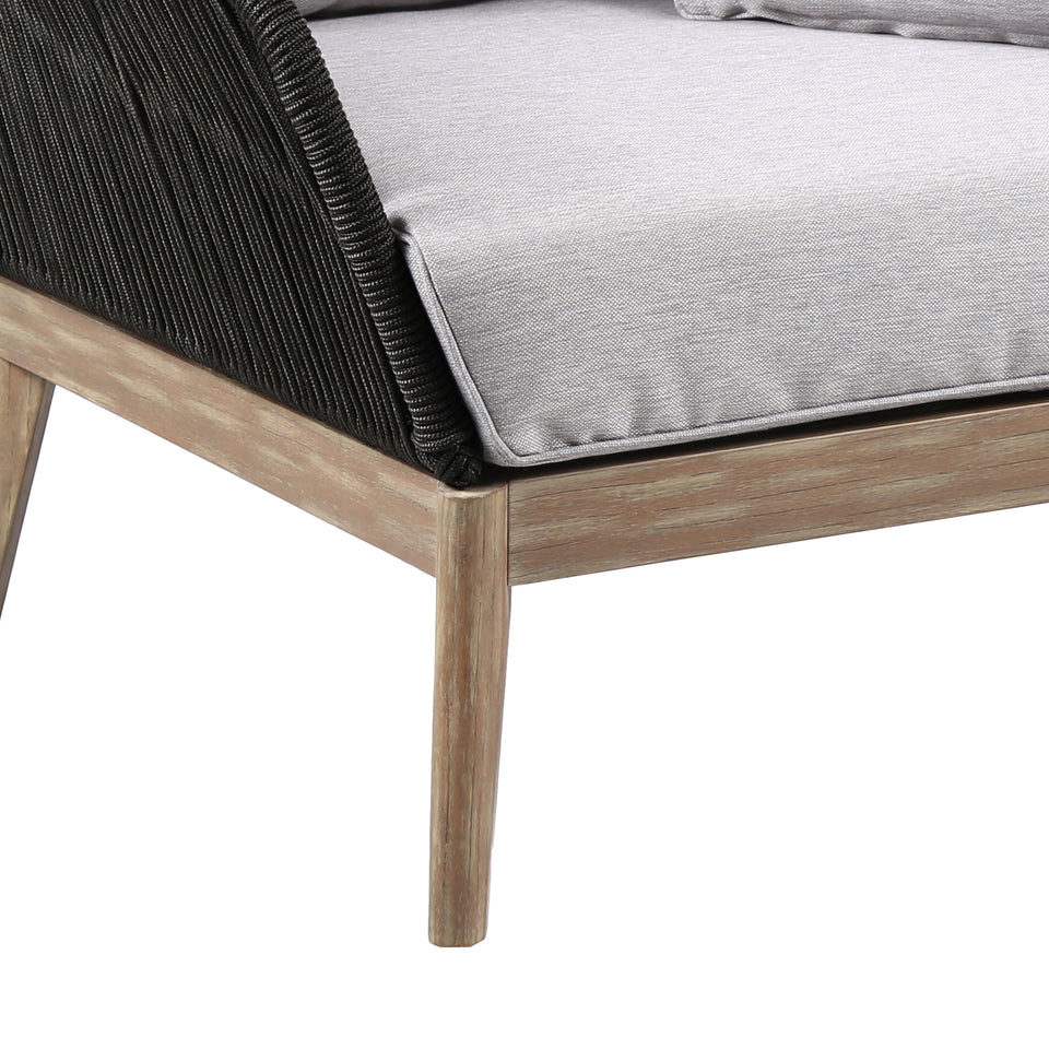 Athos Indoor Outdoor Club Chair in Light Eucalyptus Wood with Latte Rope and Grey Cushions