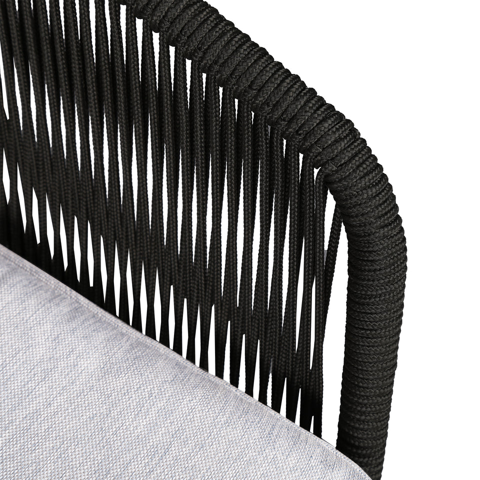 Athos Indoor Outdoor Club Chair in Light Eucalyptus Wood with Latte Rope and Grey Cushions