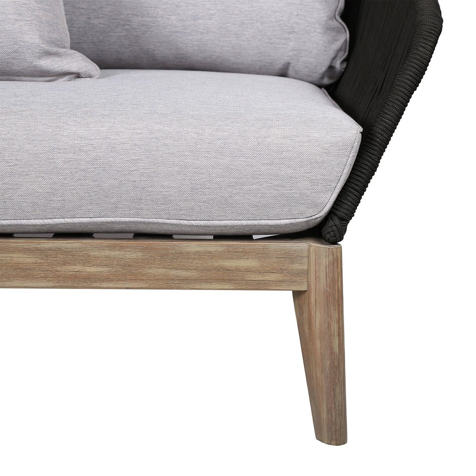 Athos Indoor Outdoor Club Chair in Light Eucalyptus Wood with Latte Rope and Grey Cushions