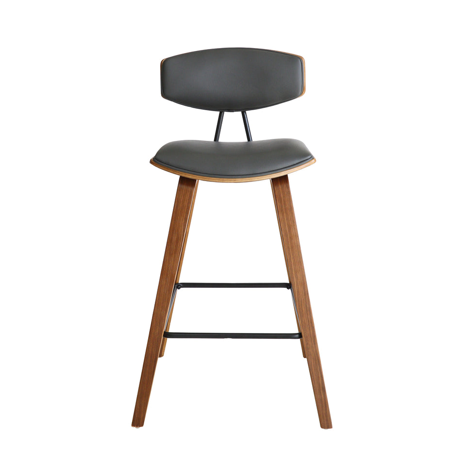 Fox 25.5" Mid-Century Counter Height Barstool in Gray Faux Leather with Walnut Wood