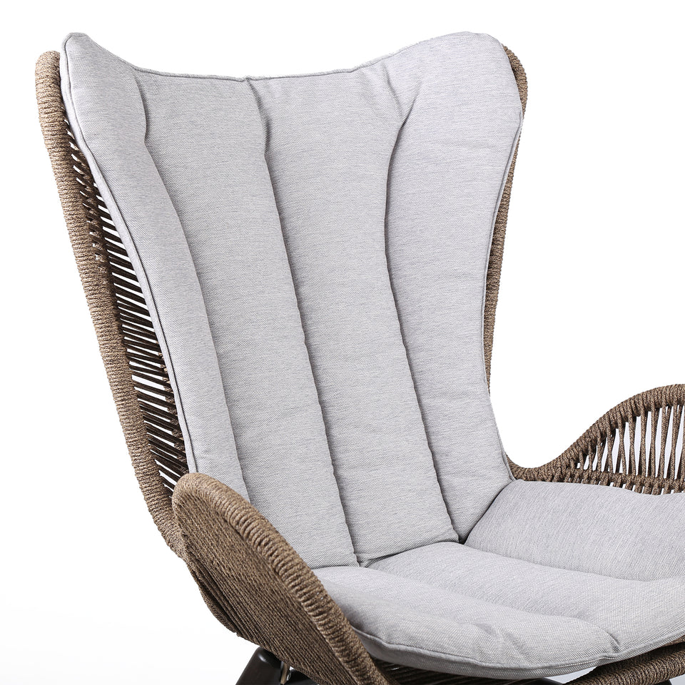 King Indoor Outdoor Lounge Chair in Dark Eucalyptus Wood with Truffle Rope and Grey Cushion