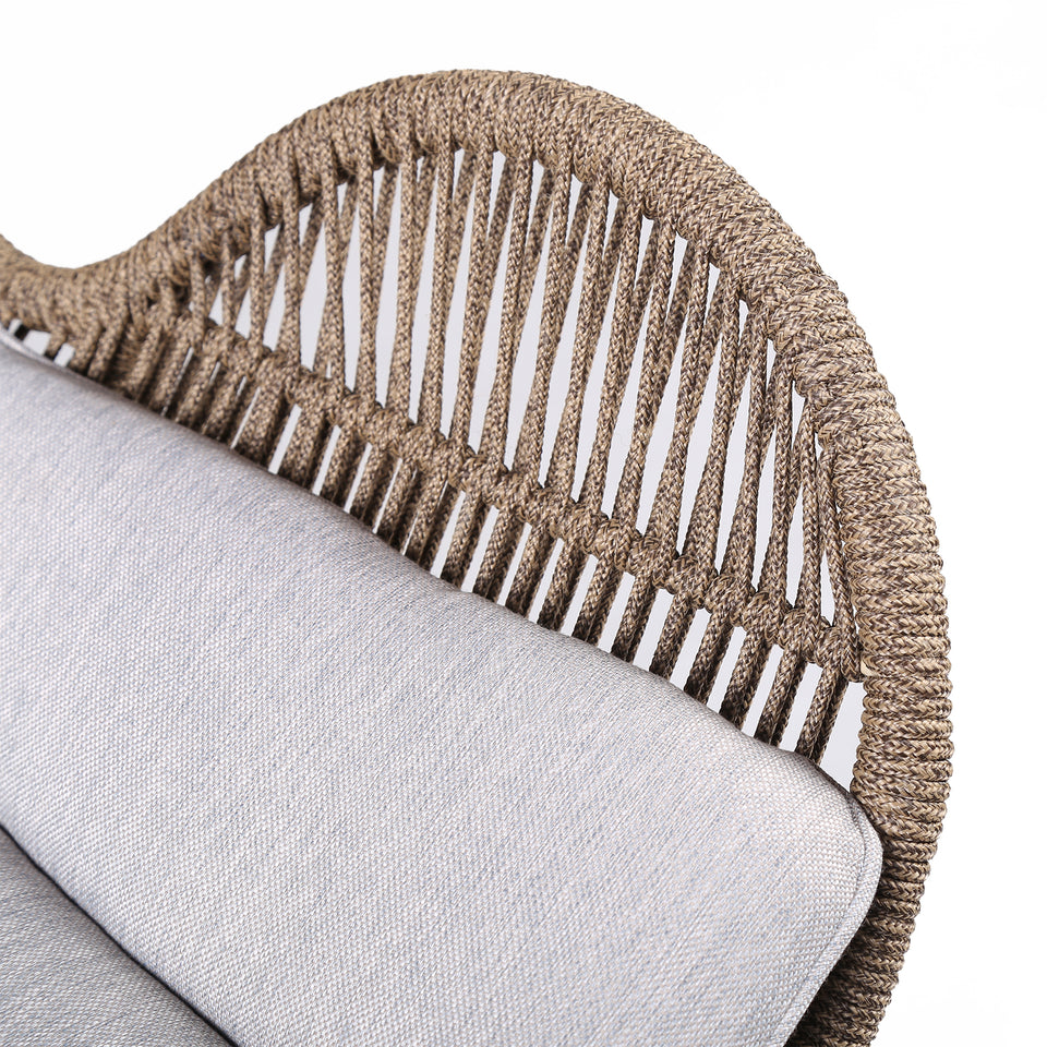 King Indoor Outdoor Lounge Chair in Dark Eucalyptus Wood with Truffle Rope and Grey Cushion
