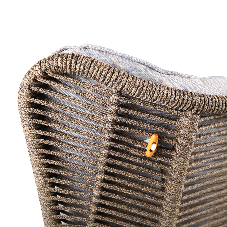 King Indoor Outdoor Lounge Chair in Dark Eucalyptus Wood with Truffle Rope and Grey Cushion