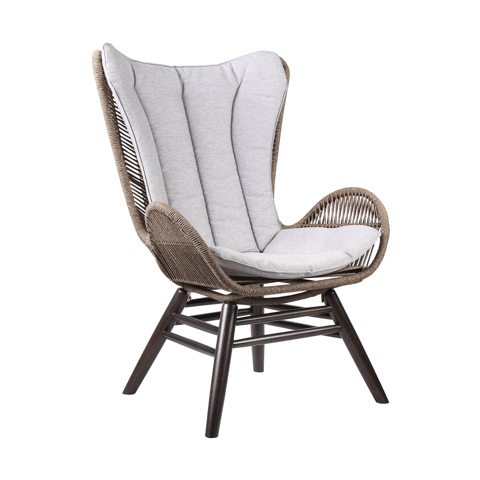 King Indoor Outdoor Lounge Chair in Dark Eucalyptus Wood with Truffle Rope and Grey Cushion