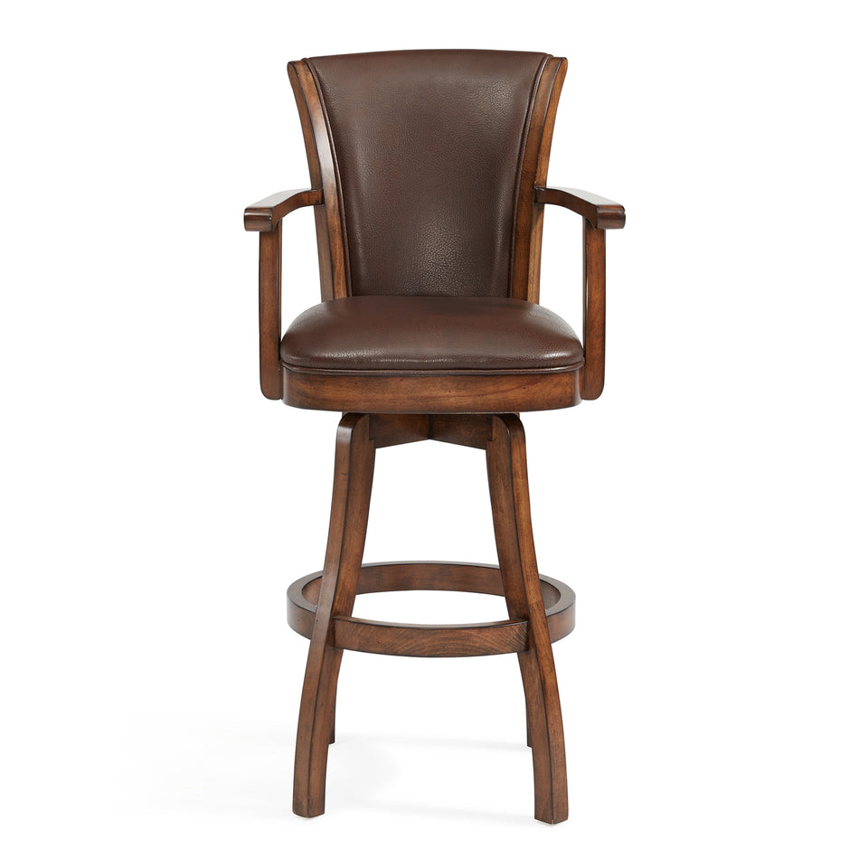 Raleigh Arm 30" Bar Height Swivel Wood Barstool in Chestnut Finish and Kahlua Faux Leather