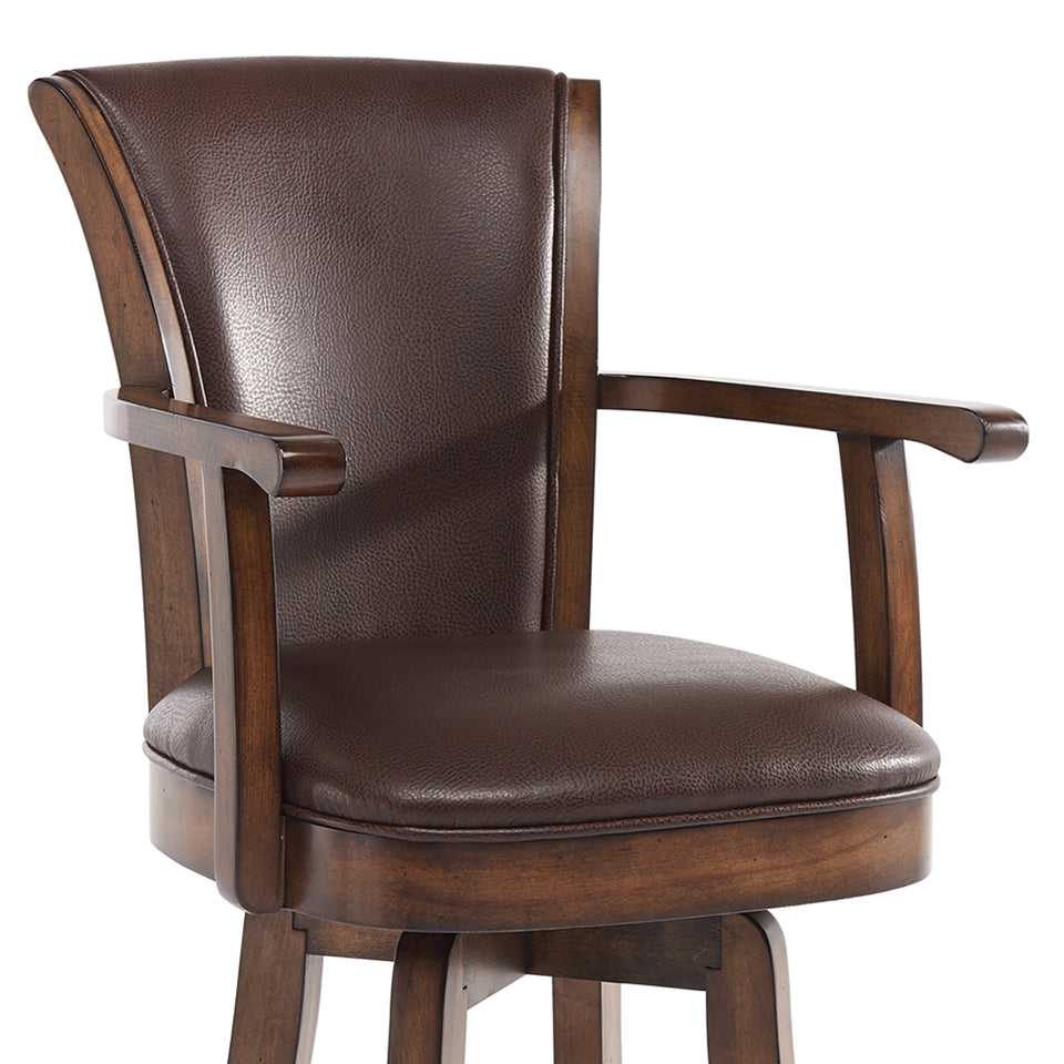 Raleigh Arm 30" Bar Height Swivel Wood Barstool in Chestnut Finish and Kahlua Faux Leather